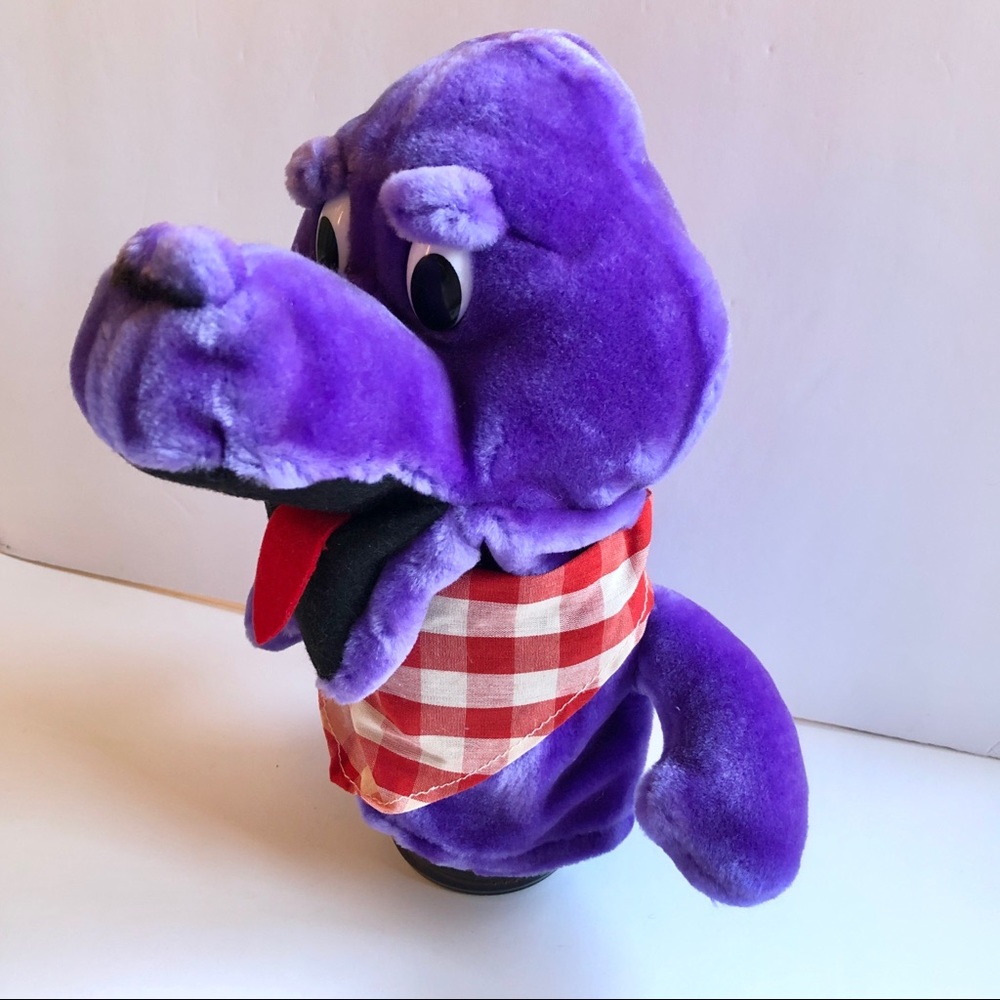 NEW Vintage Hand Puppet DINER SAURUS Stuffed Plush Animal Toy 9 3/4” Purple